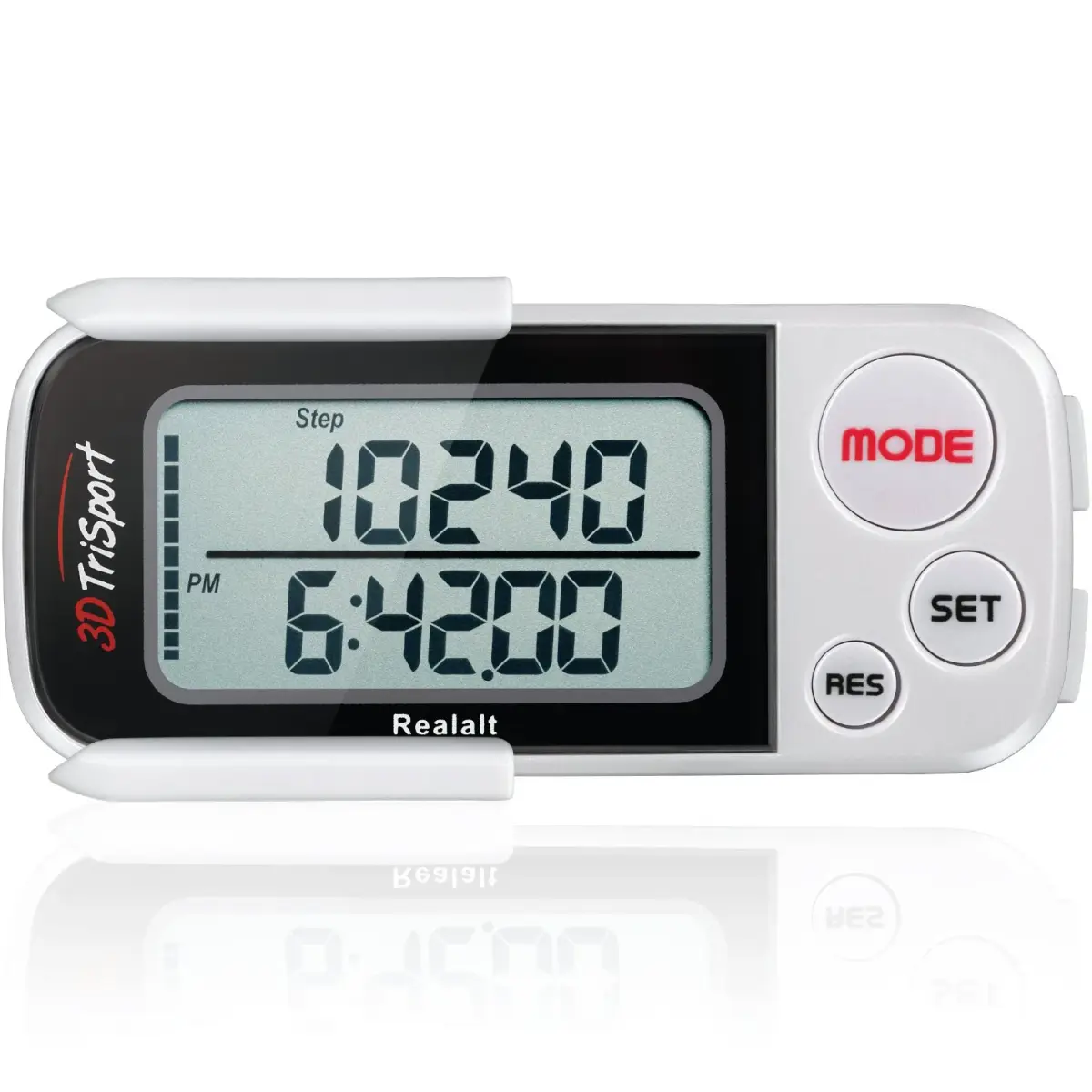 Realalt 3DTriSport 3D Pedometer White | Accurate Step Counter with 30-Day Memory, Distance in KM/Miles, Large Display - main product image