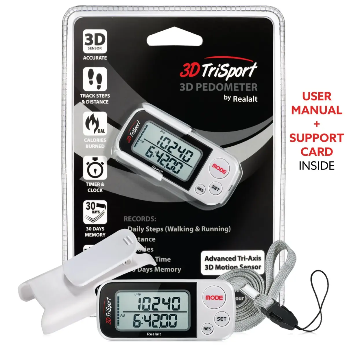 Realalt 3DTriSport 3D Pedometer White | Accurate Step Counter with 30-Day Memory, Distance in KM/Miles, Large Display - view 7