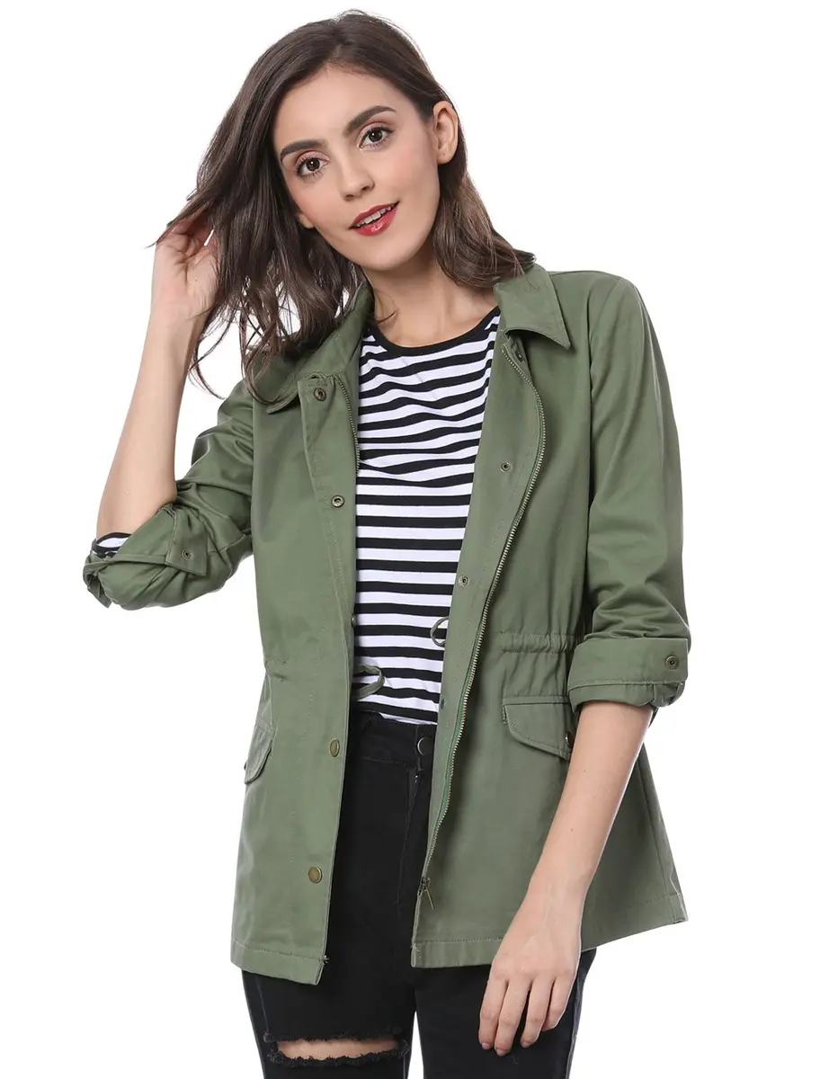 Allegra K Women's Utility Jacket Zip Up Drawstring Waist Coat with Pockets | Casual Lightweight Cotton - view 2
