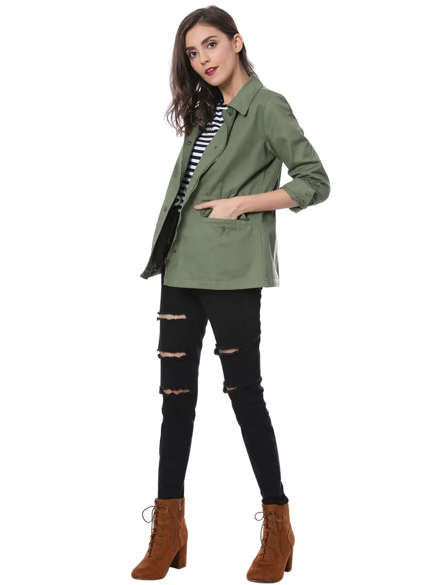 Allegra K Women's Utility Jacket Zip Up Drawstring Waist Coat with Pockets | Casual Lightweight Cotton - view 4