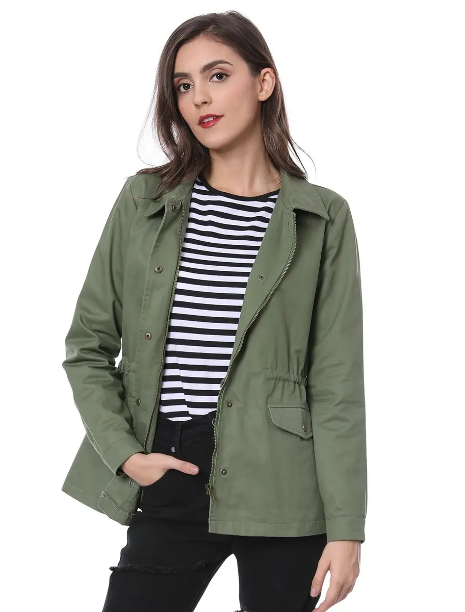 Allegra K Women's Utility Jacket Zip Up Drawstring Waist Pockets | Casual Lightweight Cotton - main product image