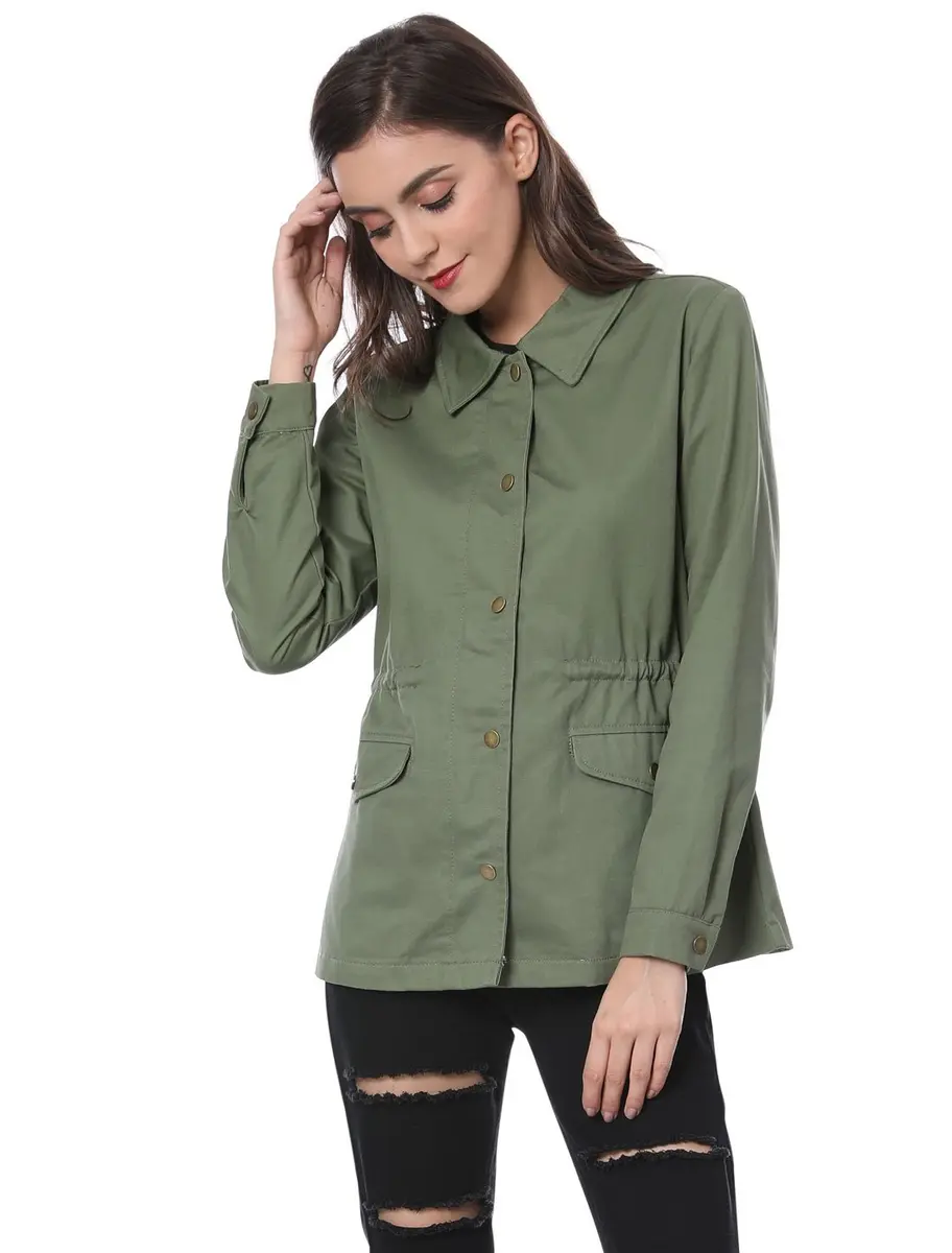 Allegra K Women's Utility Jacket Zip Up Drawstring Waist Pockets | Casual Lightweight Cotton - view 5