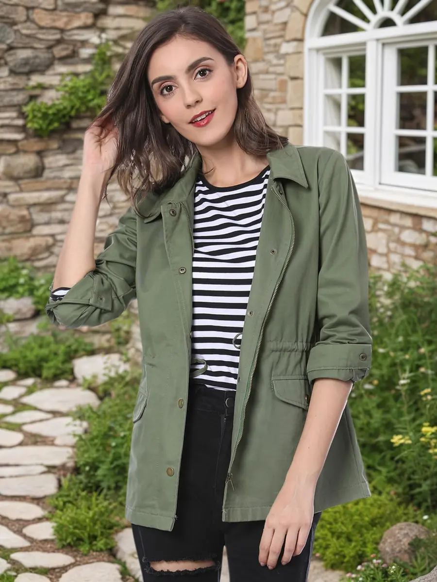 Allegra K Women's Utility Jacket Zip Up Drawstring Waist Pockets | Casual Lightweight Cotton - view 3
