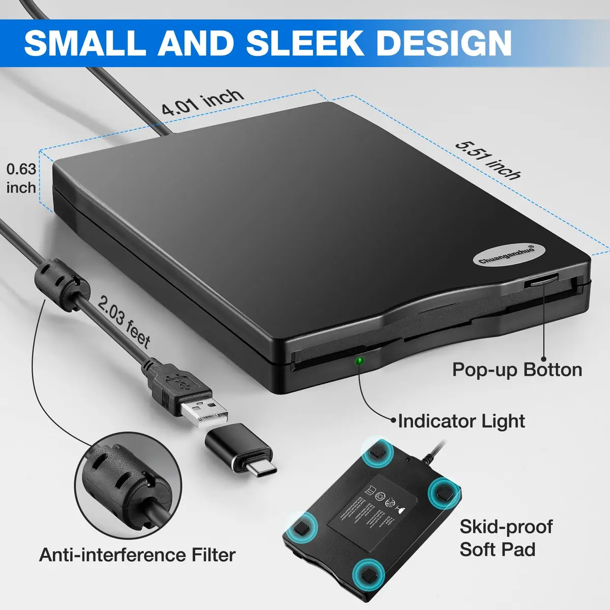 Chuanganzhuo 3.5 inch USB Floppy Disk Drive 1.44MB | Reads Old Floppy Disks on Windows PCs - view 8