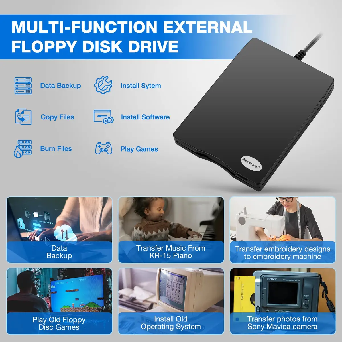 Chuanganzhuo 3.5 inch USB Floppy Disk Drive 1.44MB | Reads Old Floppy Disks on Windows PCs - view 3