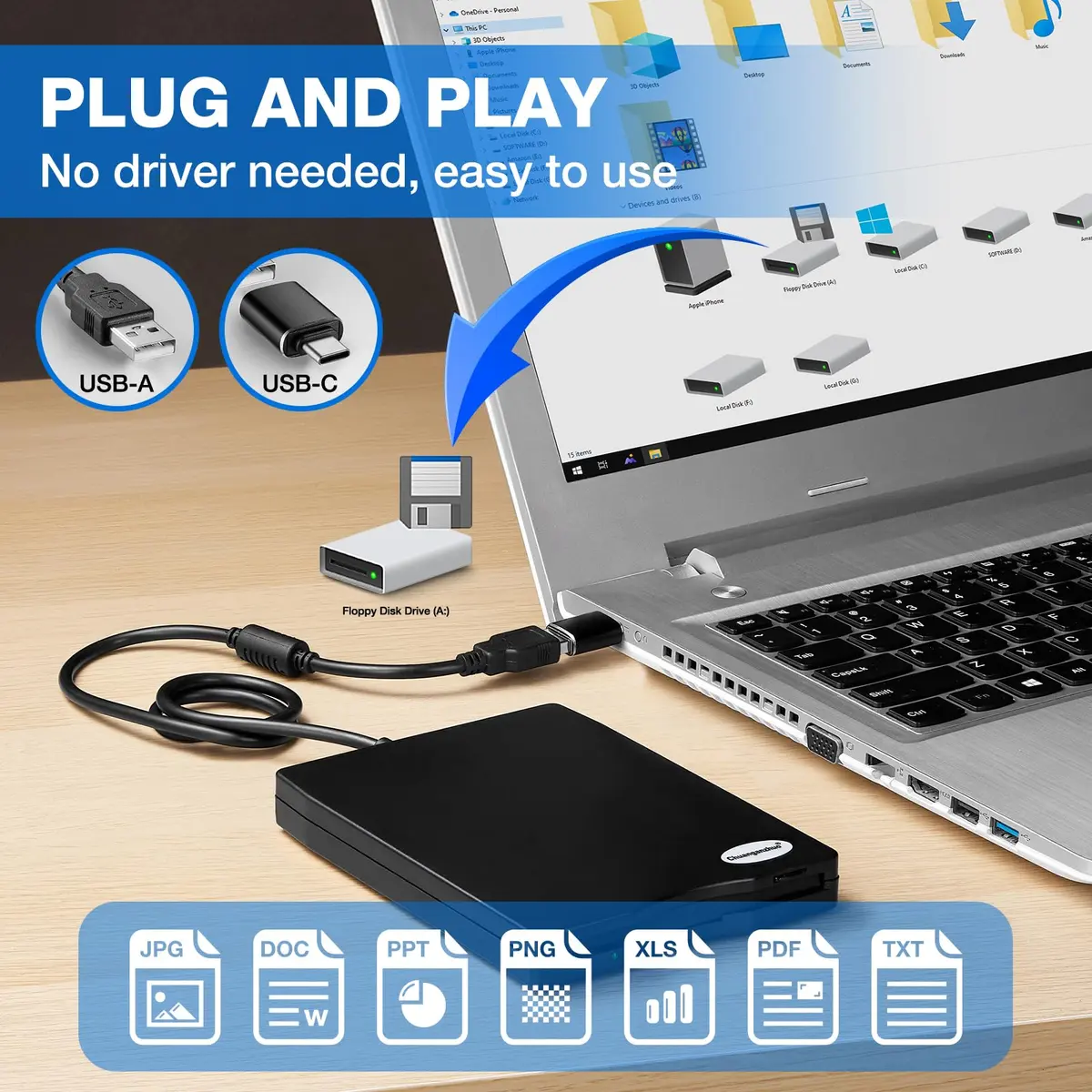 Chuanganzhuo 3.5 inch USB Floppy Disk Drive 1.44MB | Reads Old Floppy Disks on Windows PCs - view 4