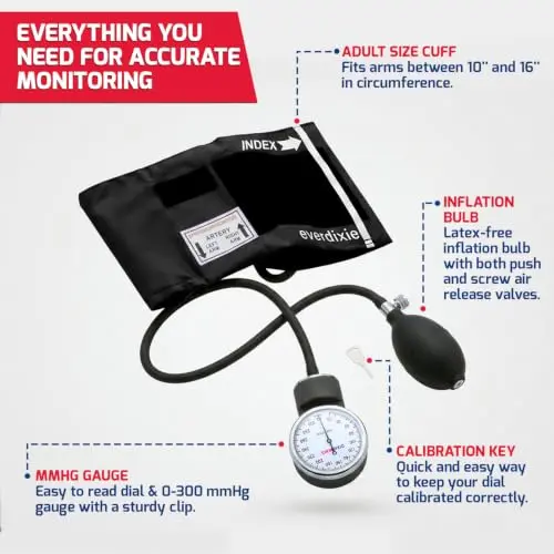 Dixie EMS Deluxe Aneroid Sphygmomanometer Blood Pressure Set with Adult Cuff, Carrying Case & Calibration Tool - Black | Professional Grade Manual BP Monitor - view 3