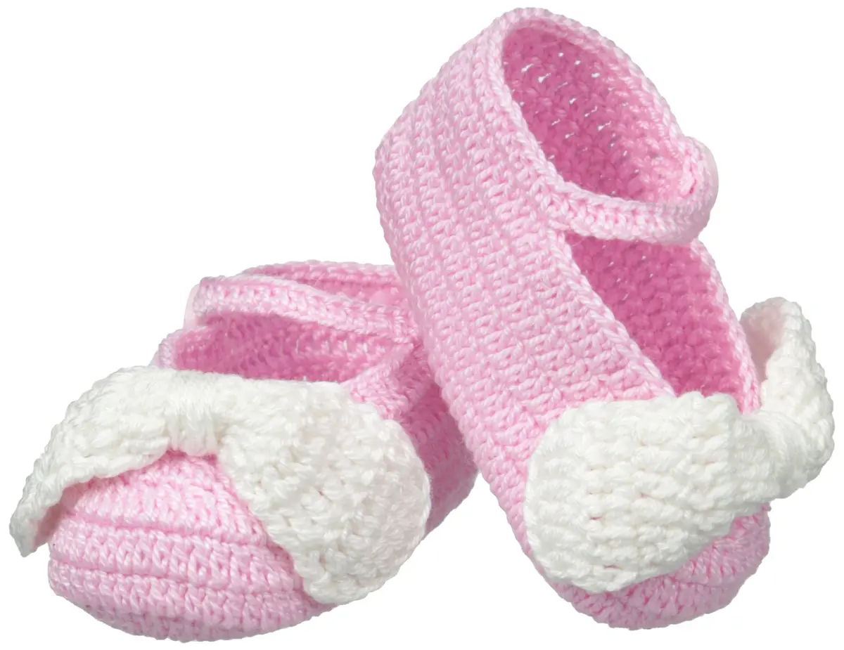 Jefferies Socks Baby-Girls Mary Jane Bow Crochet Bootie, Pink/White, Newborn | Hand crocheted cotton rich baby shoes - main product image