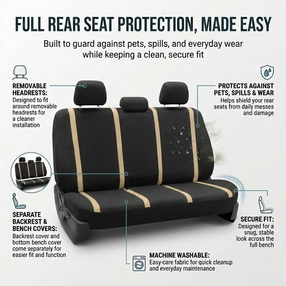 FH Group Car Seat Covers Full Set Cloth - Universal Fit Automotive, Low Back Front, Solid Back, Washable Car Seat Cover for SUV, Sedan and Van Beige | Protect & Style - view 5