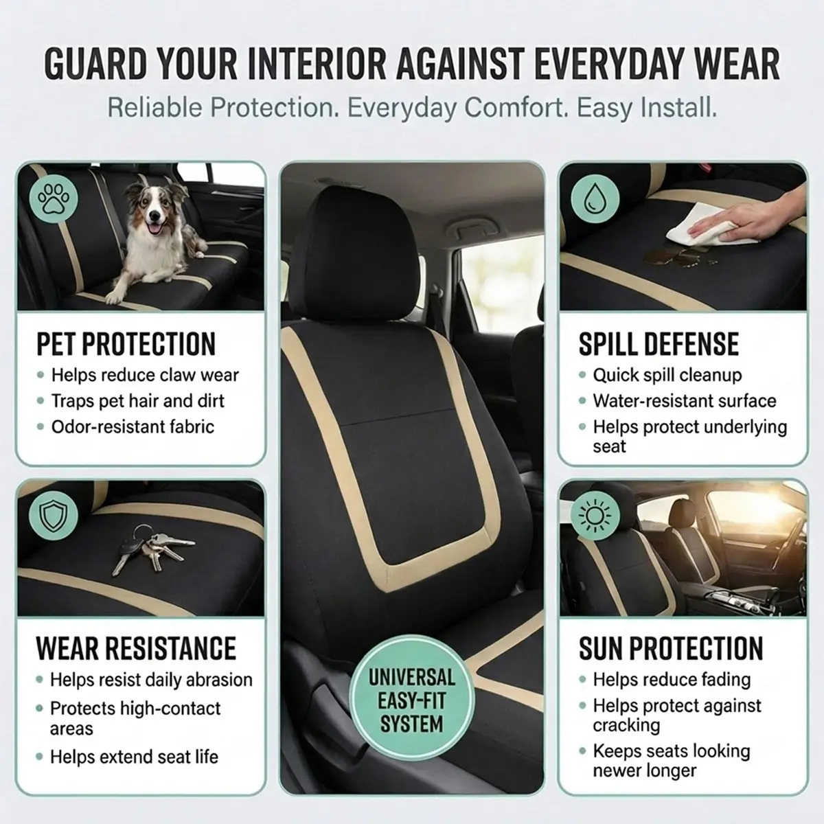 FH Group Car Seat Covers Full Set Cloth - Universal Fit Automotive, Low Back Front, Solid Back, Washable Car Seat Cover for SUV, Sedan and Van Beige | Protect & Style - view 8