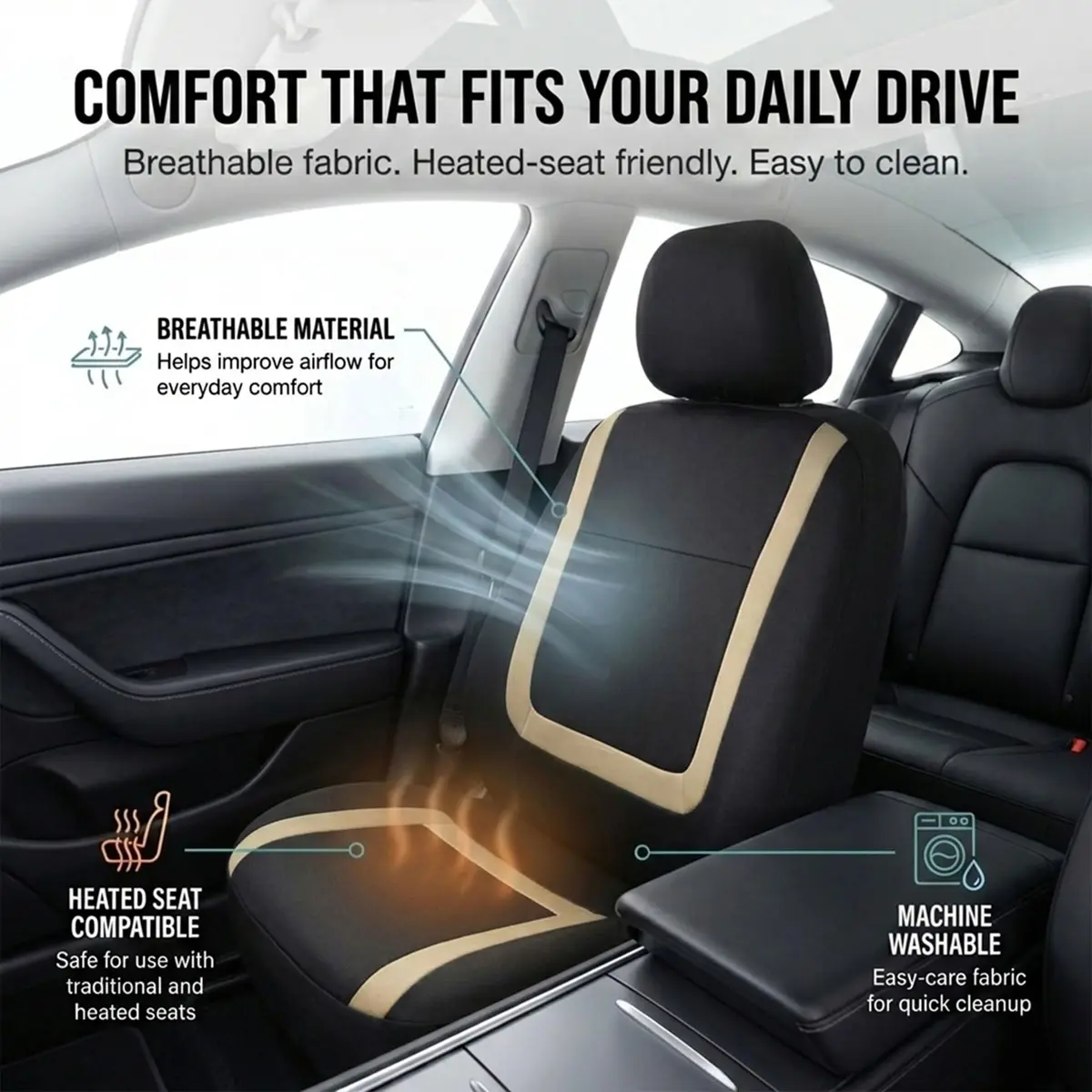 FH Group Car Seat Covers Full Set Cloth - Universal Fit Automotive, Low Back Front, Solid Back, Washable Car Seat Cover for SUV, Sedan and Van Beige | Protect & Style - view 3