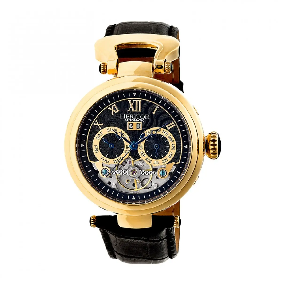 HERITOR Ganzi Automatic Watch for Men – 44mm Semi-Skeleton, 35-Jewel Movement, Sapphire Crystal, Leather Strap, Gold/Black - main product image