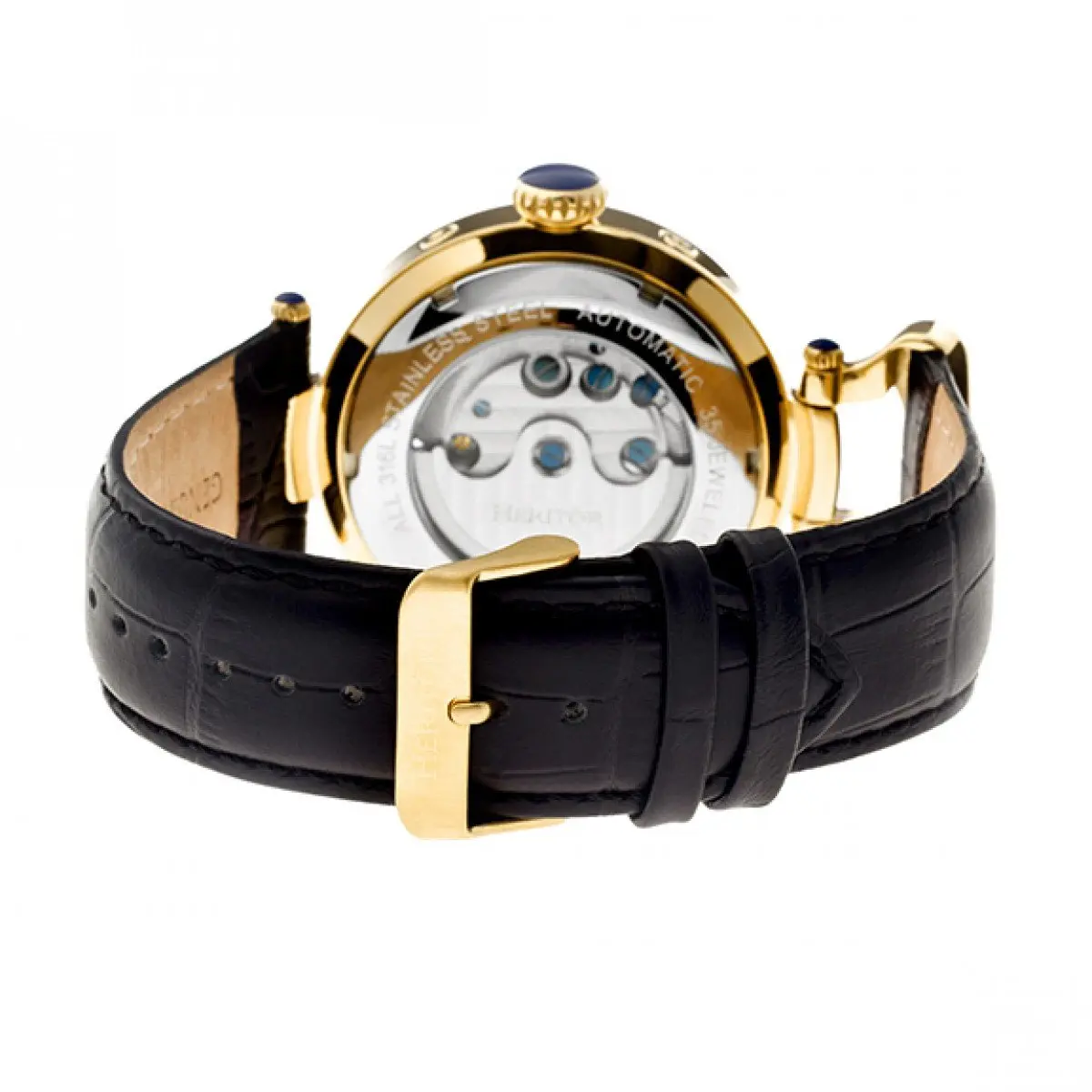 HERITOR Ganzi Automatic Watch for Men – 44mm Semi-Skeleton, 35-Jewel Movement, Sapphire Crystal, Leather Strap, Gold/Black - view 2
