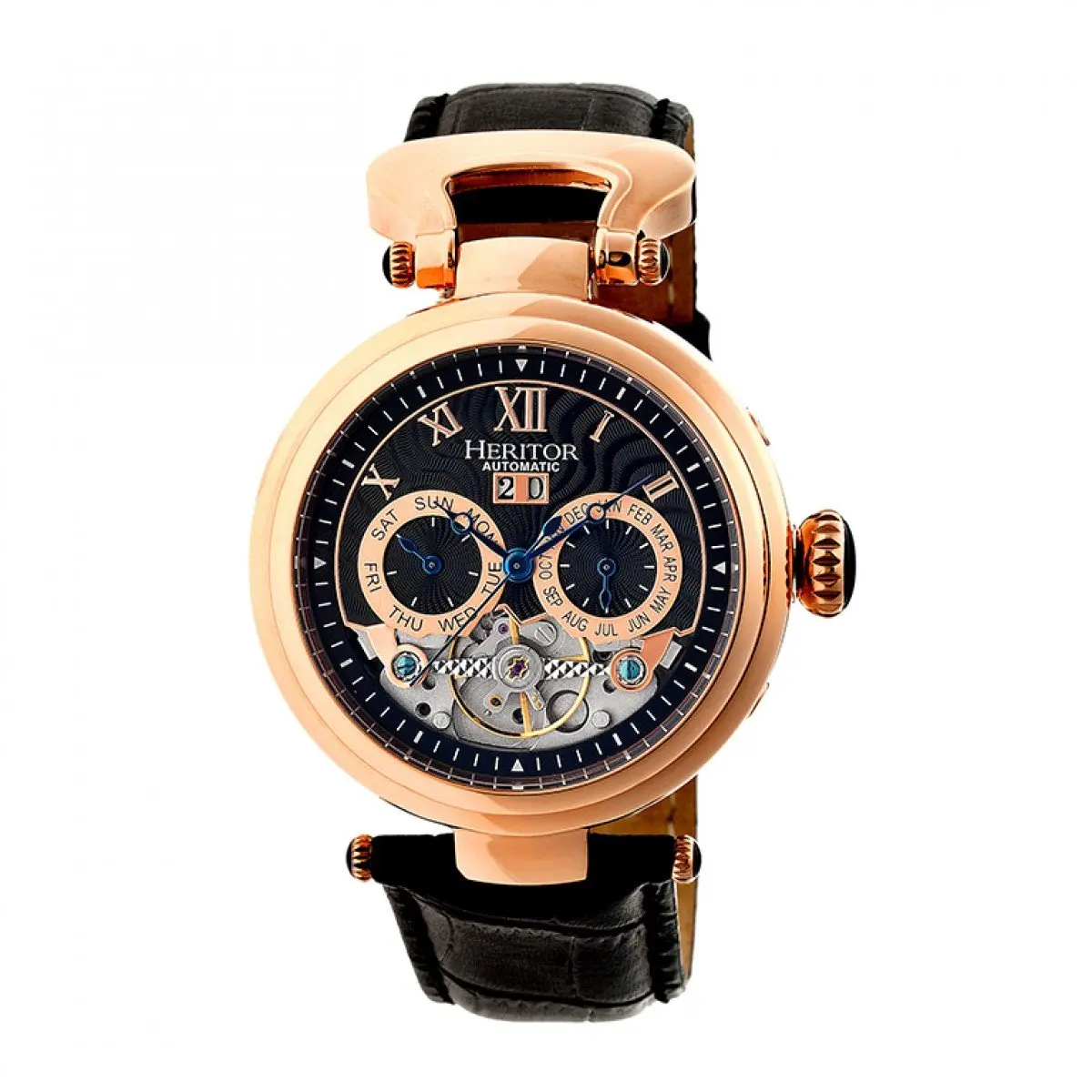 HERITOR Ganzi Automatic Watch for Men – 44mm Semi-Skeleton, 35-Jewel Movement, Stainless Steel Case, Sapphire-Coated Crystal, Leather Strap (HERHR3306) – Rose Gold/Black - main product image