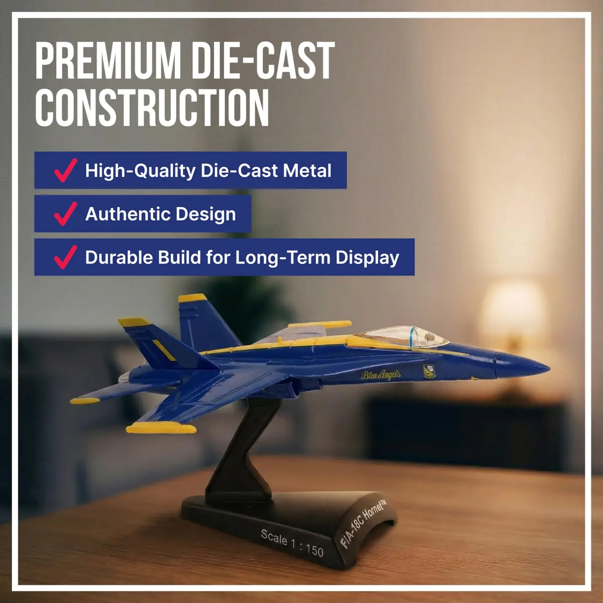 Postage Stamp F/A-18C Hornet Blue Angels – 1/150 Scale Die-Cast Metal Jet Model with Display Stand – Officially Licensed US Navy Collectible for Adults 14+ - view 2