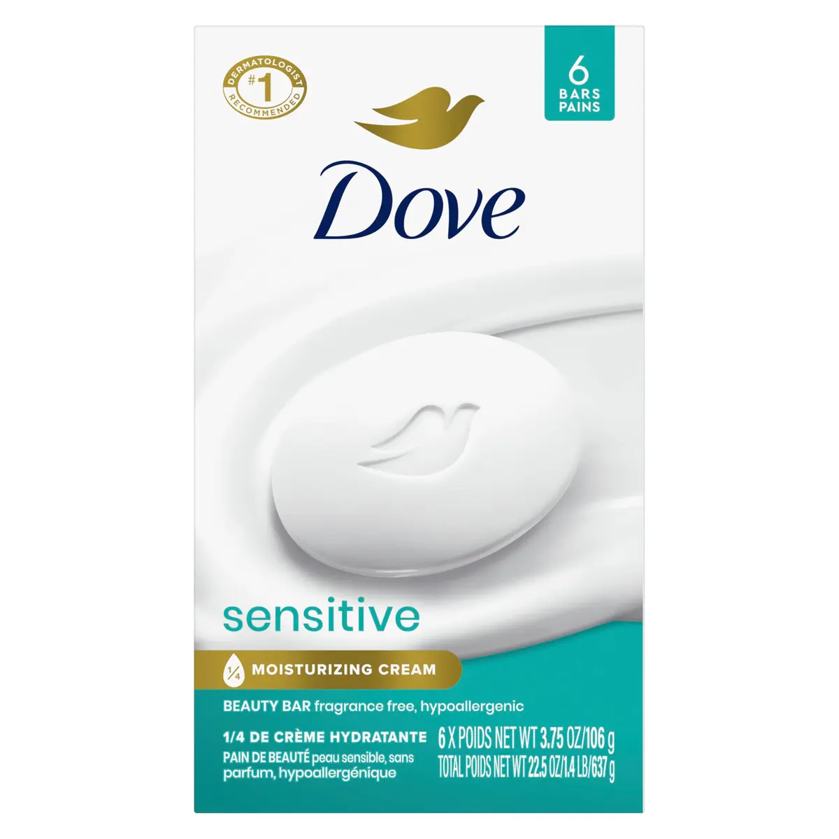 Dove Sensitive Skin Beauty Bar Soap 106g (3.75 oz) 6 Bars | Fragrance-Free Hypoallergenic Cleanser - main product image