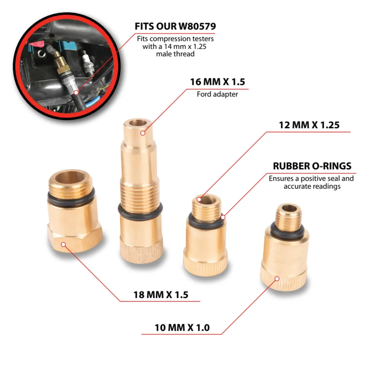 Performance Tool W80577 Compression Tester Spark Plug Adapter Set | Wide Compatibility, Durable Rubber Seals, High-Quality Materials - view 2