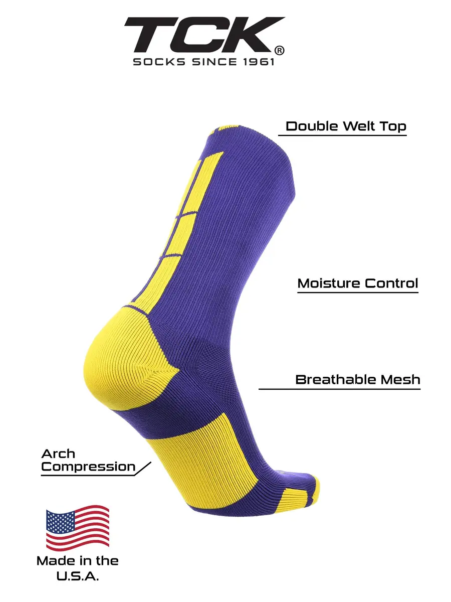 TCK Baseline Crew Athletic Socks for Basketball, Football & Sports - Small, Purple/Gold | Moisture-Wicking, Supportive Fit - view 3