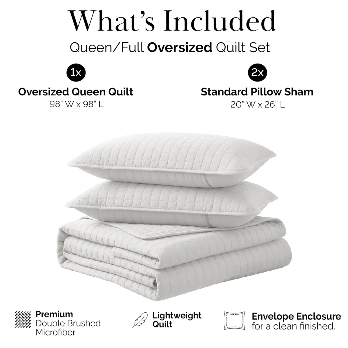 Southshore Fine Living, Inc. Oversized White Queen Quilt Bedding Set with 2 Shams | Microfiber, All Seasons, Full/Queen - view 2