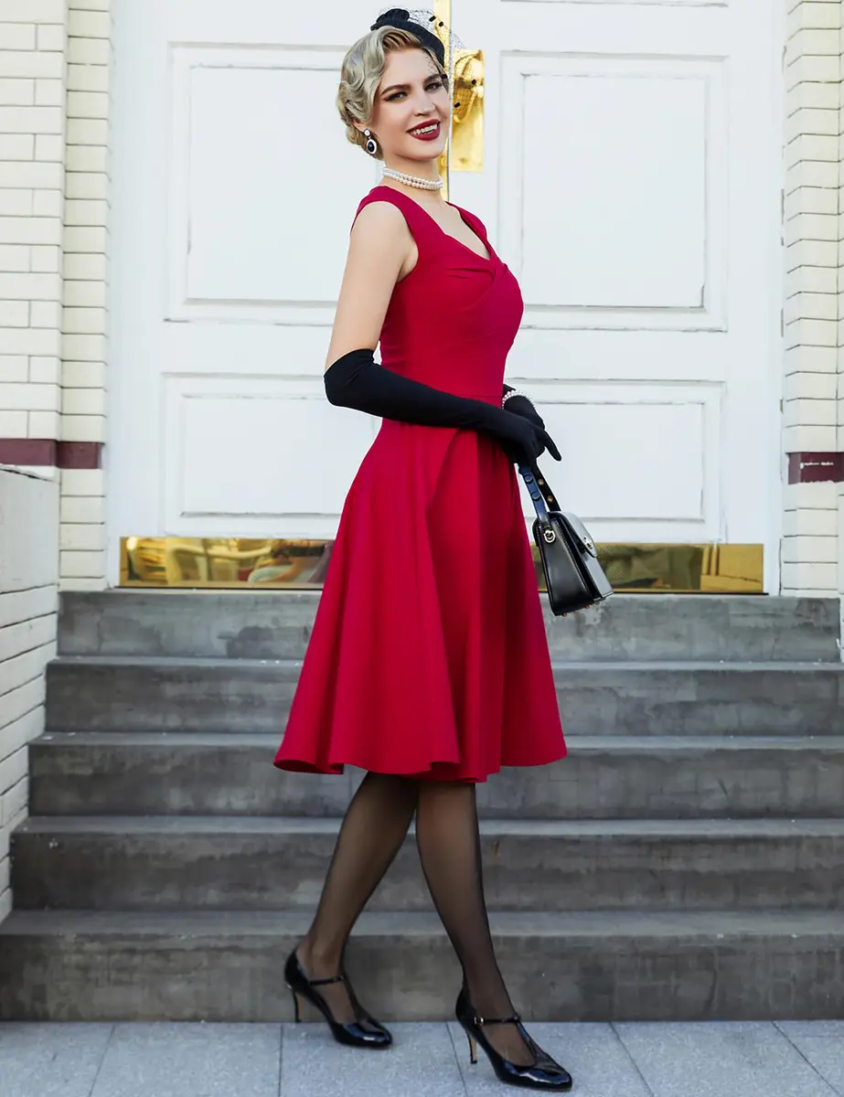 MUXXN Women's 1950s Vintage Retro Capshoulder Swing Dress L | Classic Red Style - view 5