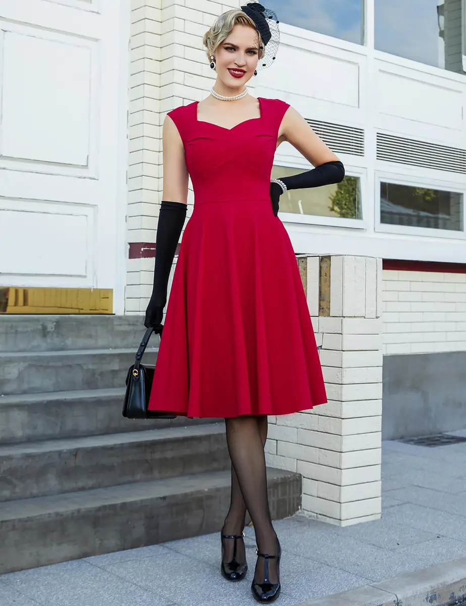 MUXXN Women's 1950s Vintage Retro Capshoulder Swing Dress L | Classic Red Style - view 4