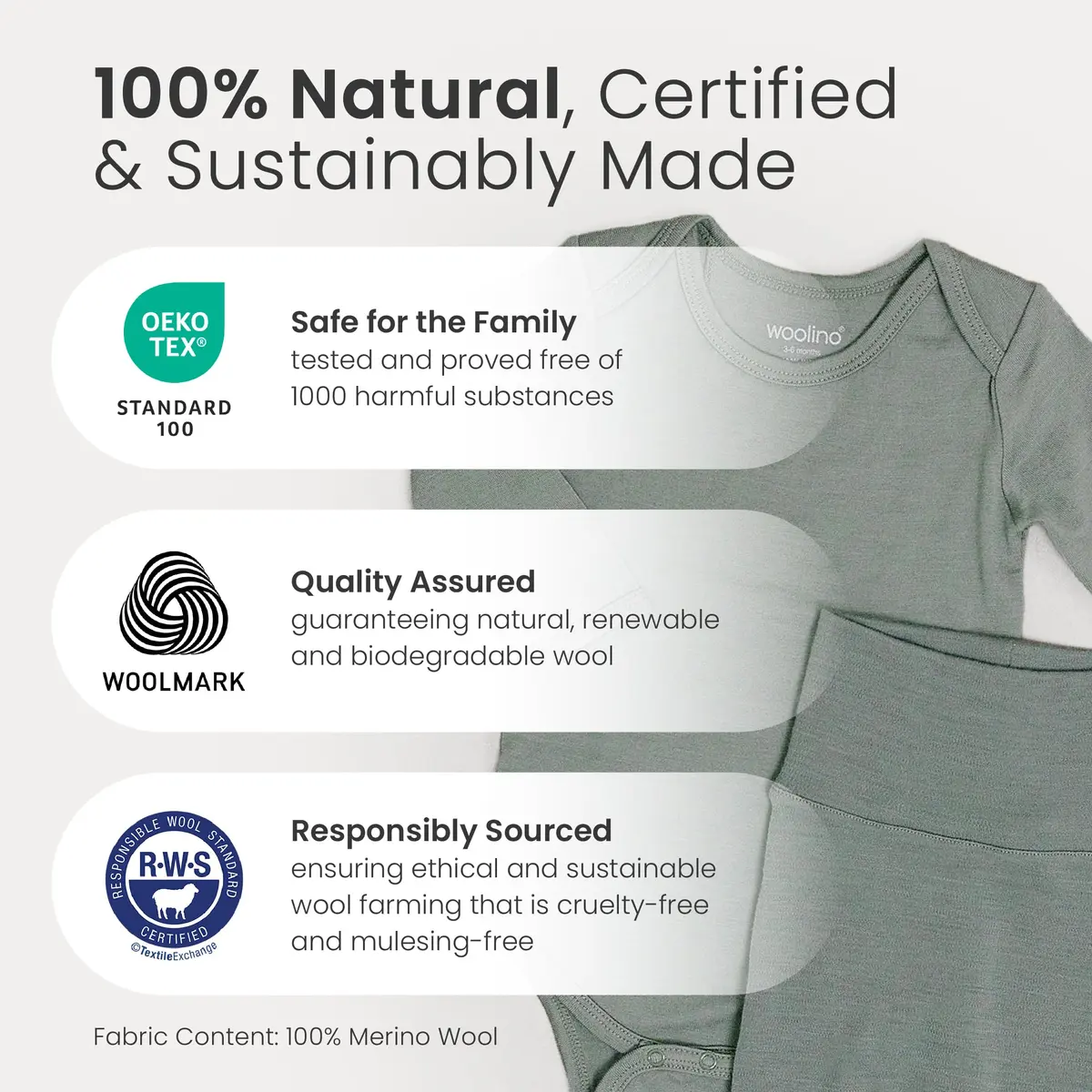 Woolino 100% Superfine Merino Wool Baby Bodysuit Long Sleeve 3-6 Months | Temperature-Regulating & Soft - view 3