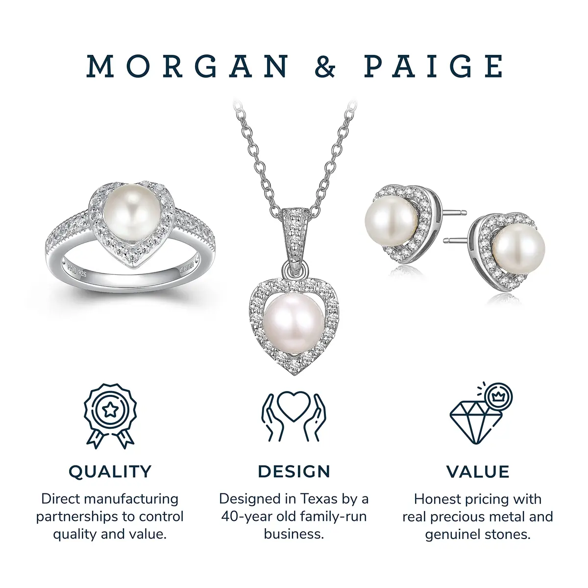 MORGAN & PAIGE .925 Sterling Silver Rhodium Plated Pearl & Sapphire Jewelry Set | June Birthstone - view 7