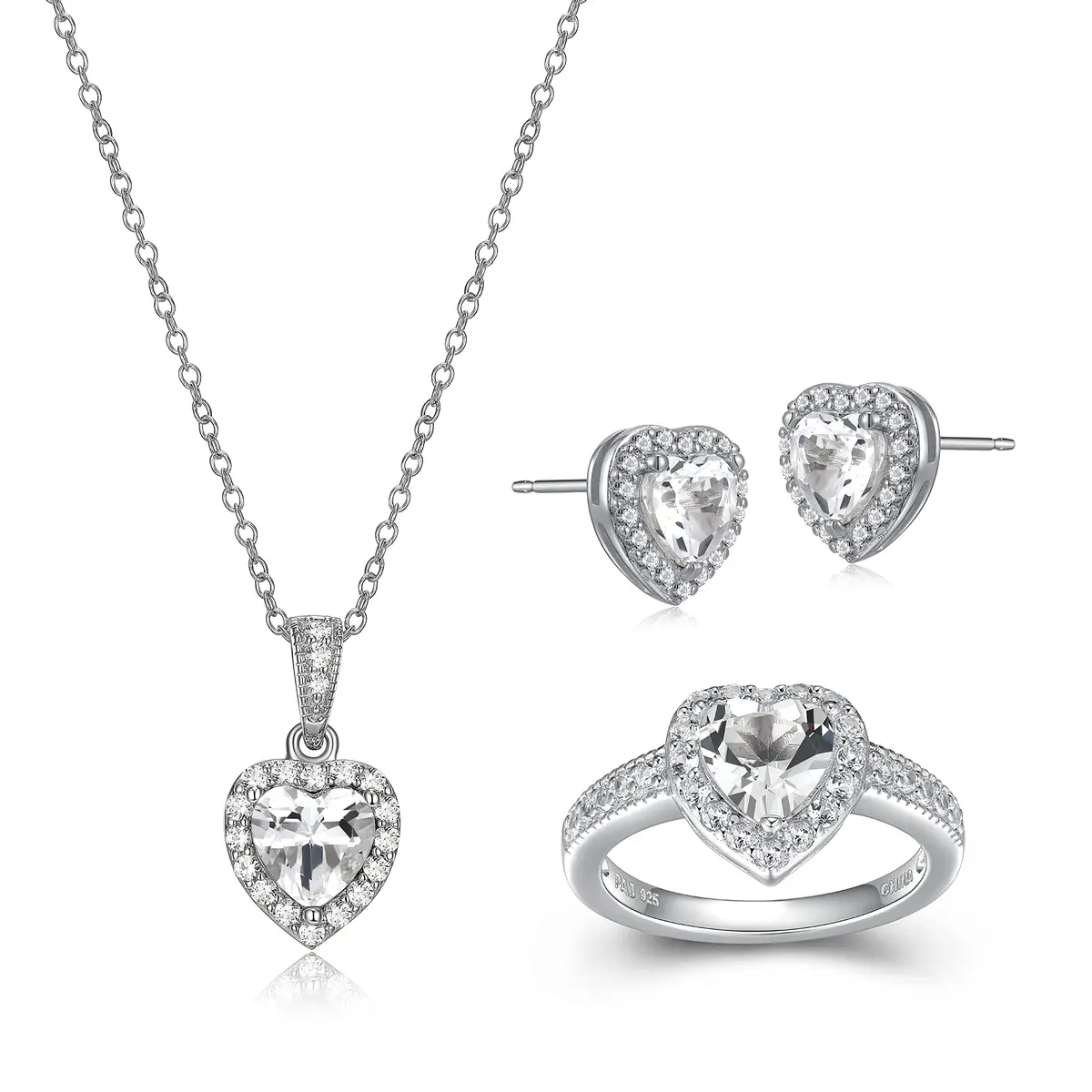 MORGAN & PAIGE .925 Sterling Silver Rhodium Plated White Topaz and White Sapphire Heart Jewelry Set - Pendant Necklace 18in, Ring Size 7, Earrings - main product image