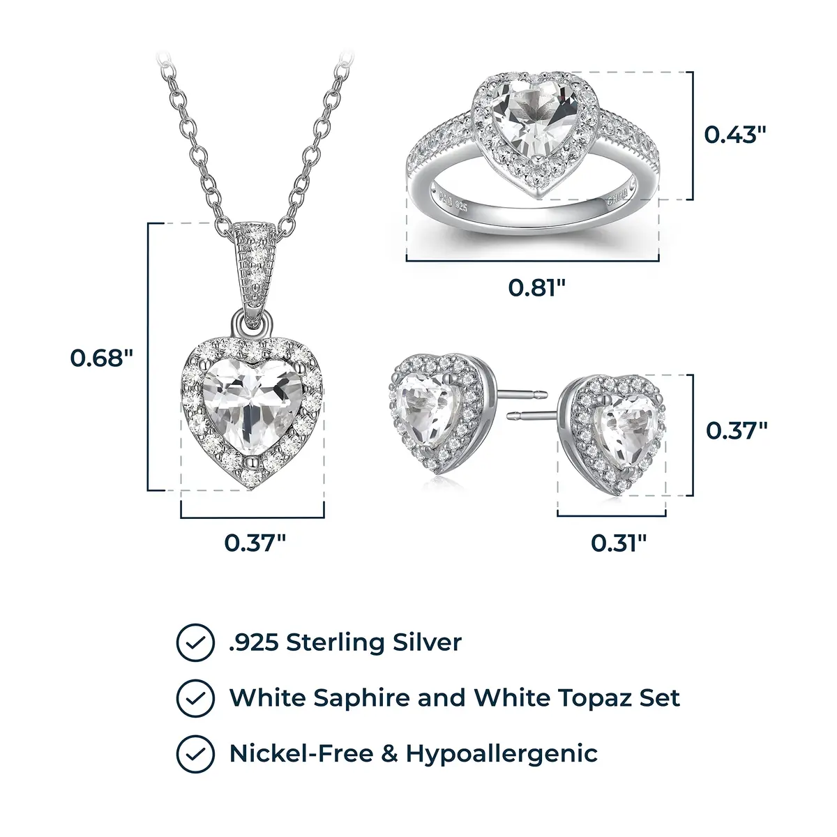 MORGAN & PAIGE .925 Sterling Silver Rhodium Plated White Topaz and White Sapphire Heart Jewelry Set - Pendant Necklace 18in, Ring Size 7, Earrings - view 5