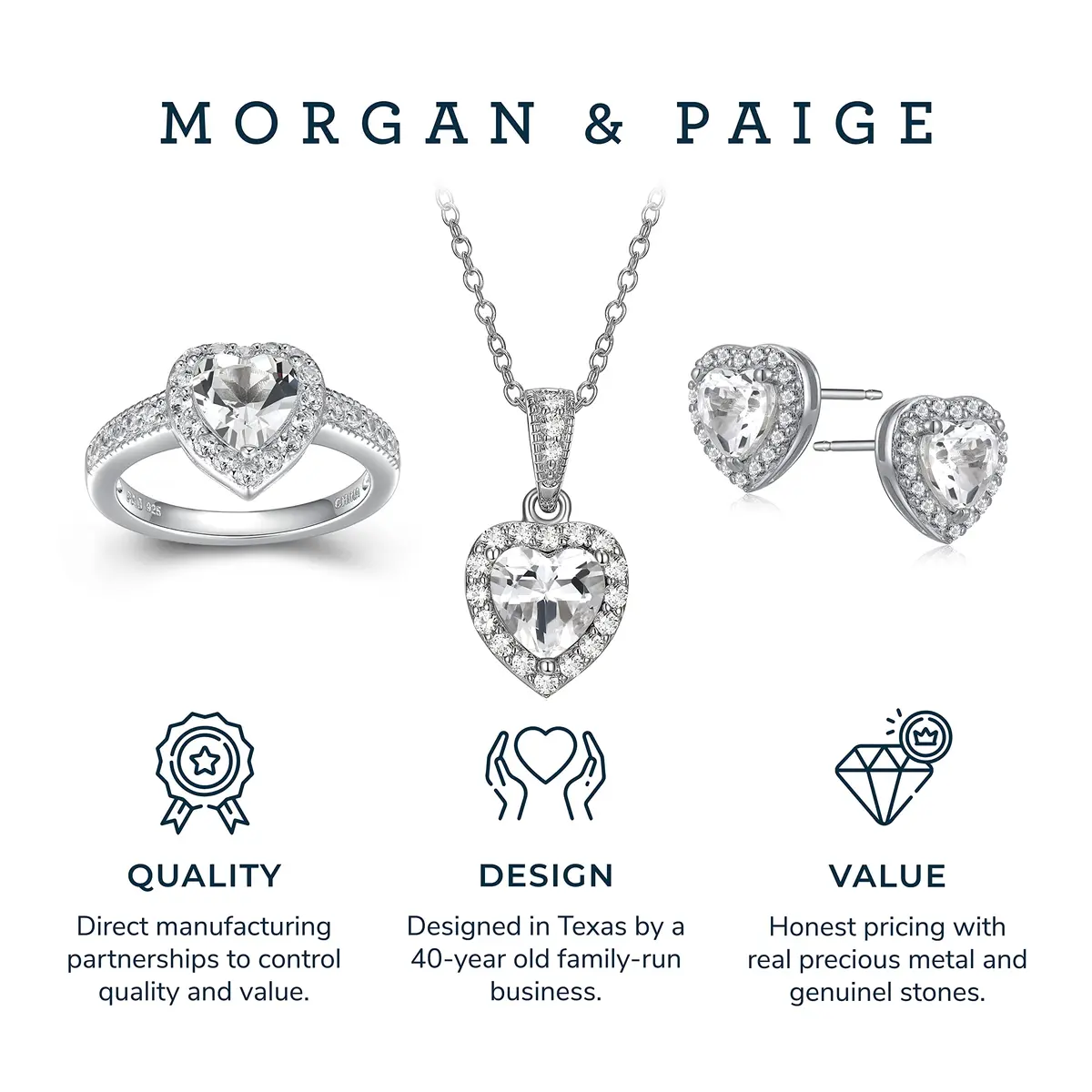MORGAN & PAIGE .925 Sterling Silver Rhodium Plated White Topaz and White Sapphire Heart Jewelry Set - Pendant Necklace 18in, Ring Size 7, Earrings - view 7