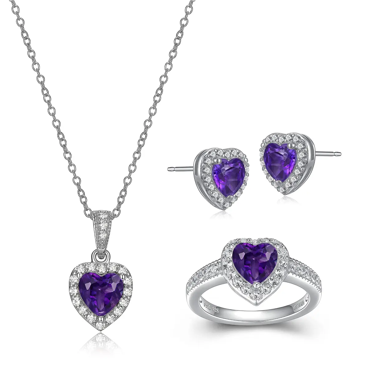 MORGAN & PAIGE Silver Rhodium Plated Purple Amethyst Heart Jewelry Set | February Birthstone - main product image