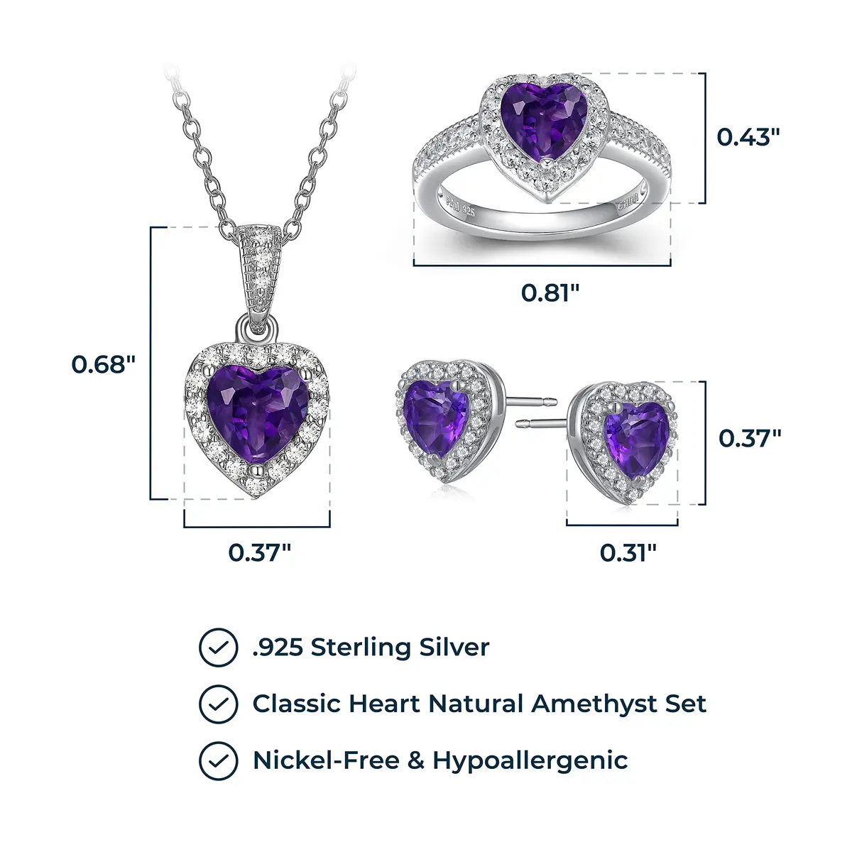 MORGAN & PAIGE Silver Rhodium Plated Purple Amethyst Heart Jewelry Set | February Birthstone - view 5