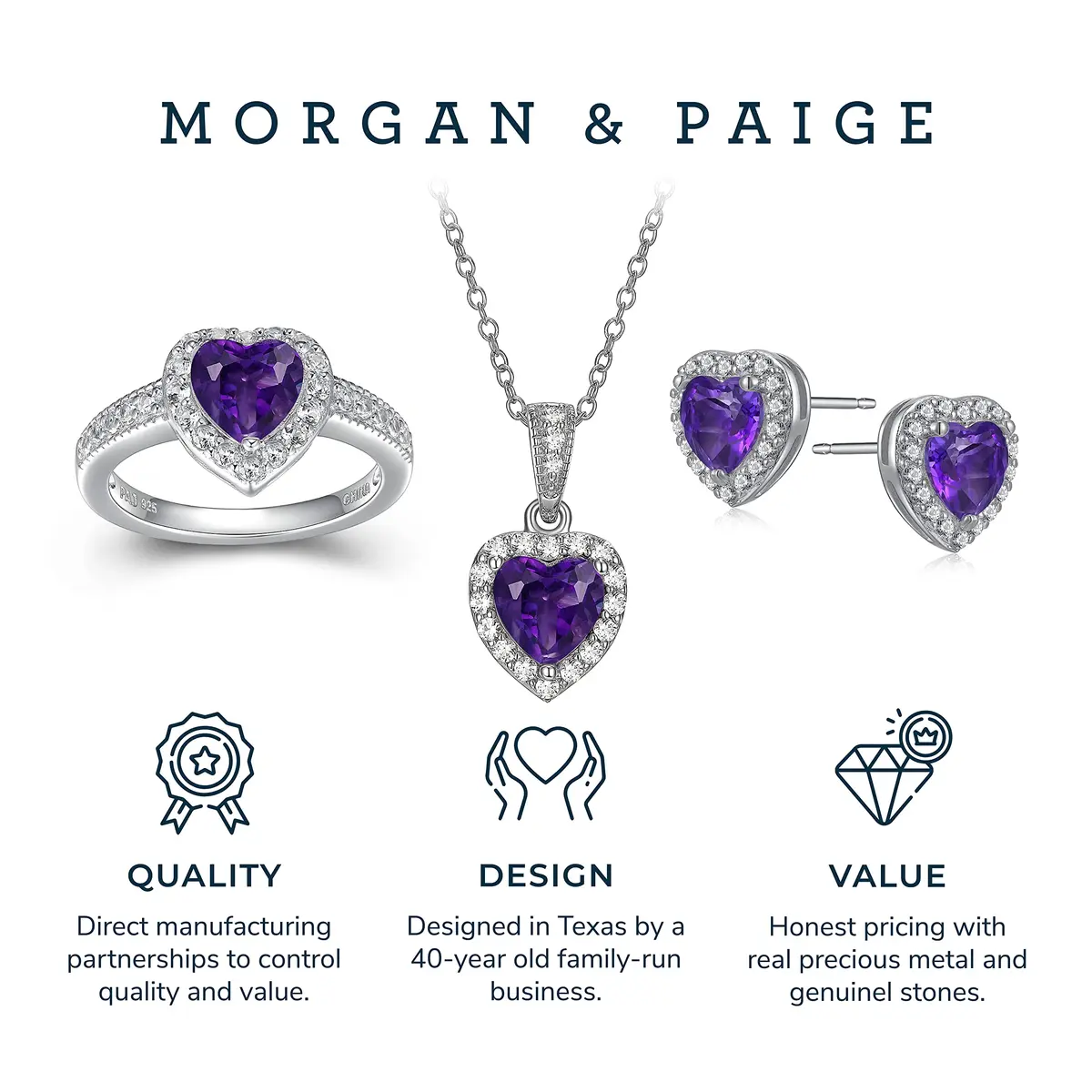 MORGAN & PAIGE Silver Rhodium Plated Purple Amethyst Heart Jewelry Set | February Birthstone - view 8