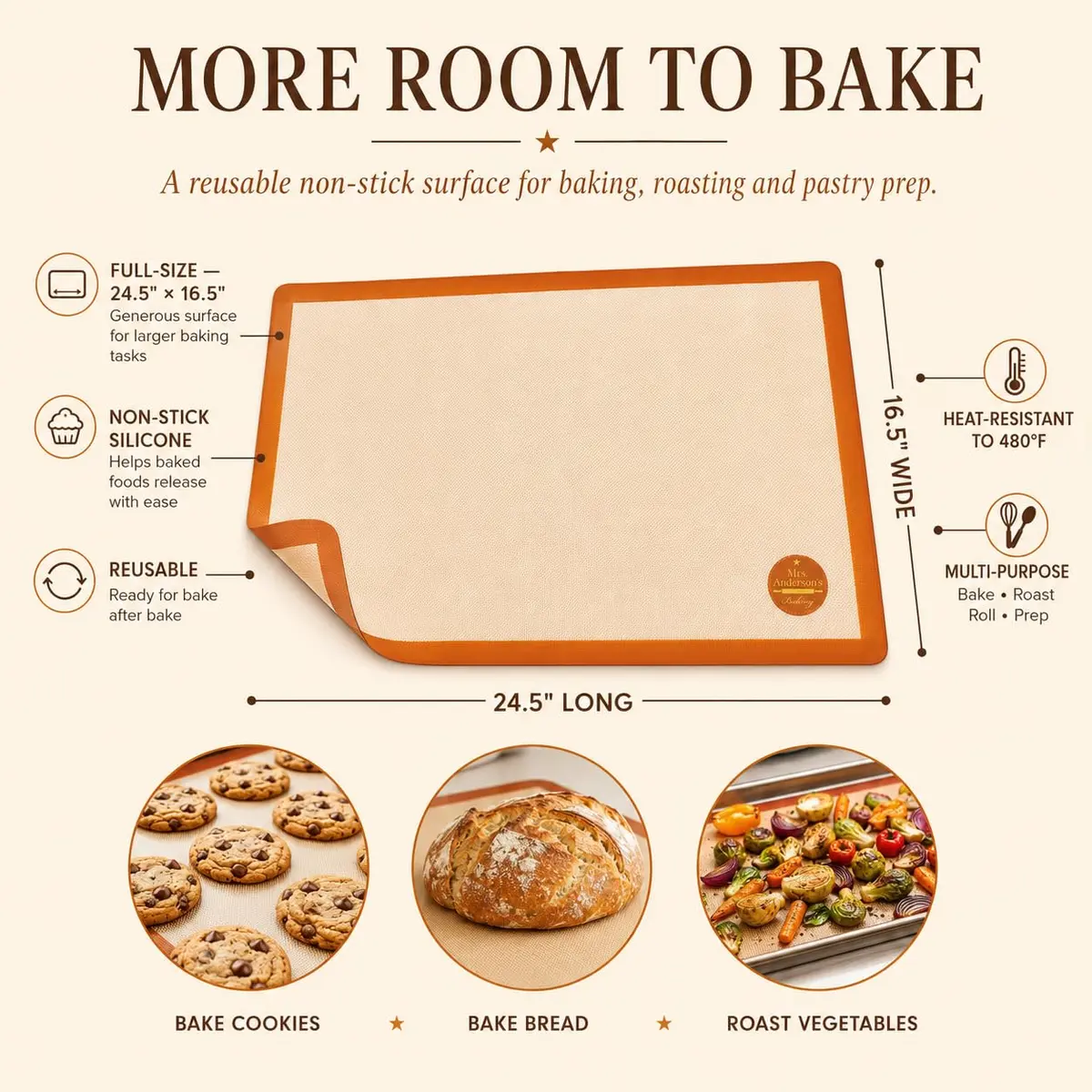 Mrs. Anderson's Baking Non-Stick Silicone Baking Mat - Reusable Oven Liner & Pastry Mat - For Breads, Cookies, Roasting & More - Baker’s Essentials - Heat-Resistant to 480°F - Full-Size Baking Mat - view 2