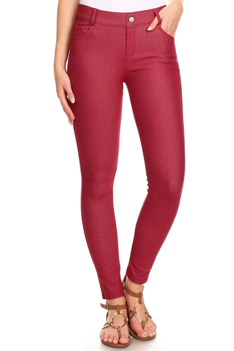 YELETE Skinny Jegging Tights in Burgundy | Fitted, Breathable Cotton Blend, Low Rise, 5 Pockets, Small - main product image