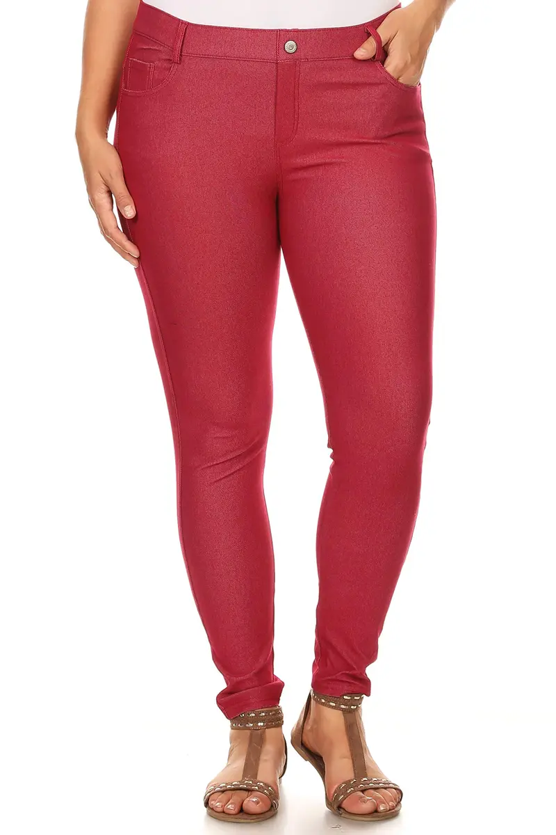 YELETE Skinny Jegging Tights in Burgundy | Fitted, Breathable Cotton Blend, Low Rise, 5 Pockets, Small - view 5