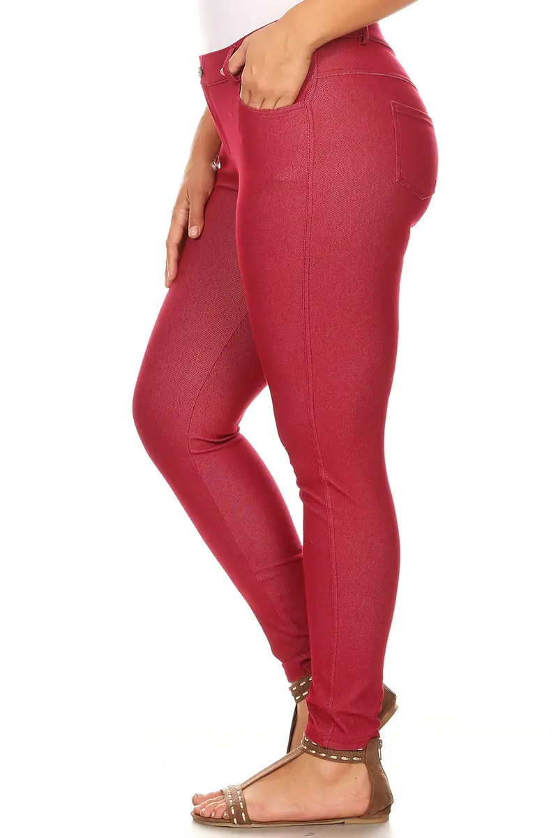YELETE Skinny Jegging Tights in Burgundy | Fitted, Breathable Cotton Blend, Low Rise, 5 Pockets, Small - view 7