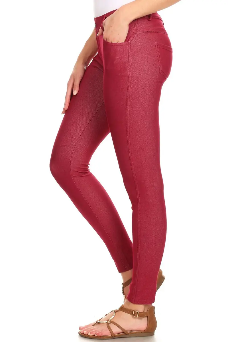 YELETE Skinny Jegging Tights in Burgundy | Fitted, Breathable Cotton Blend, Low Rise, 5 Pockets, Small - view 2