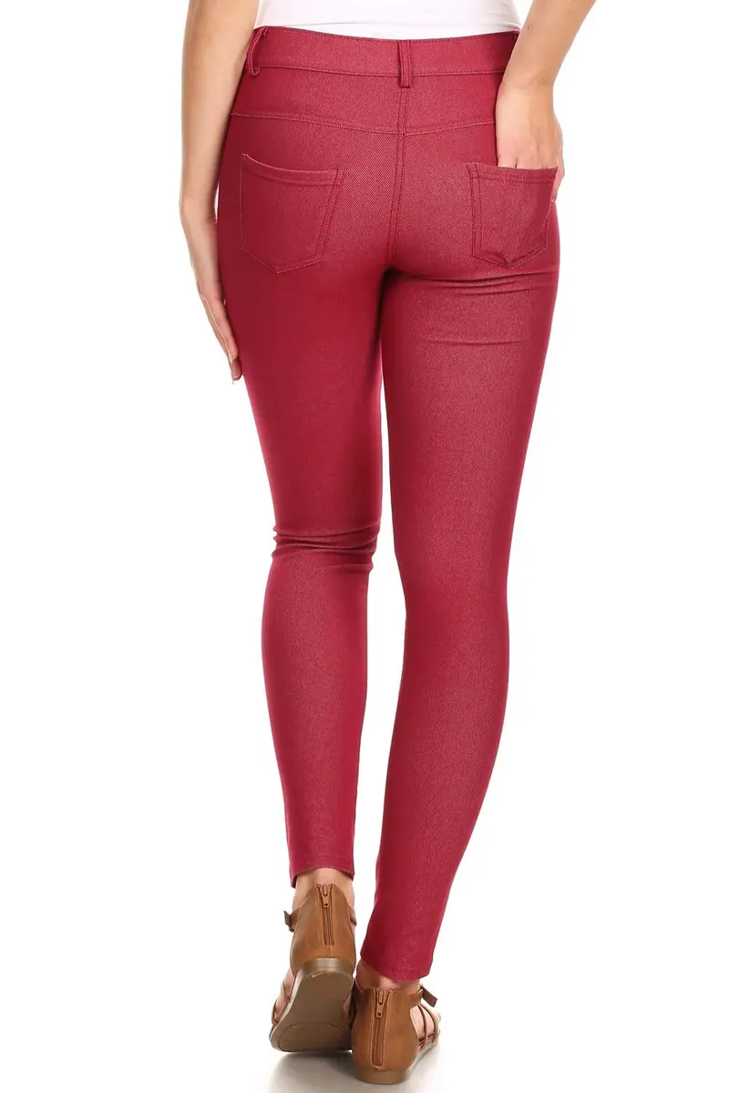 YELETE Skinny Jegging Tights in Burgundy | Fitted, Breathable Cotton Blend, Low Rise, 5 Pockets, Small - view 3
