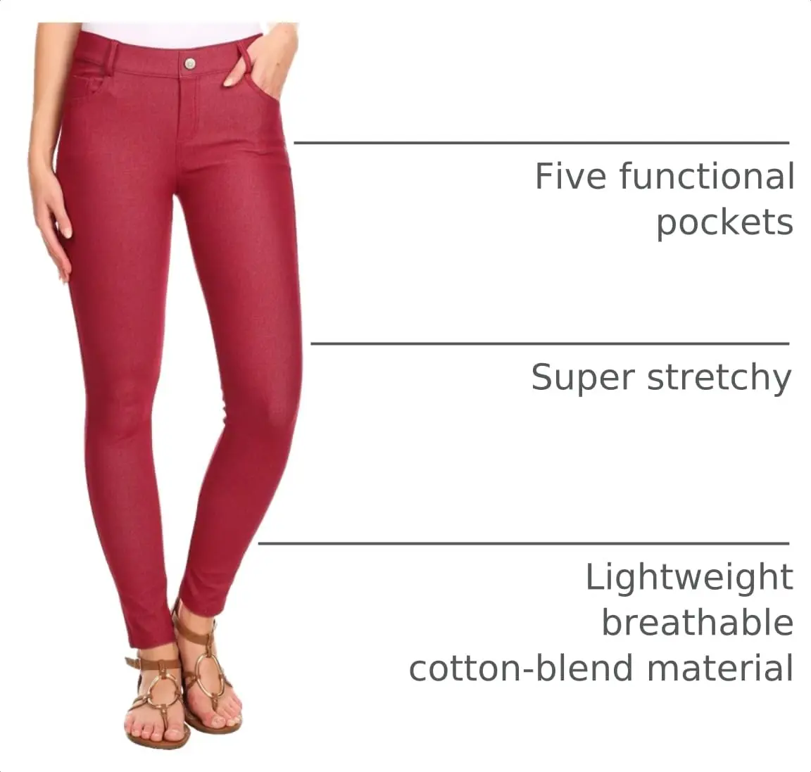 YELETE Skinny Jegging Tights in Burgundy | Fitted, Breathable Cotton Blend, Low Rise, 5 Pockets, Small - view 4