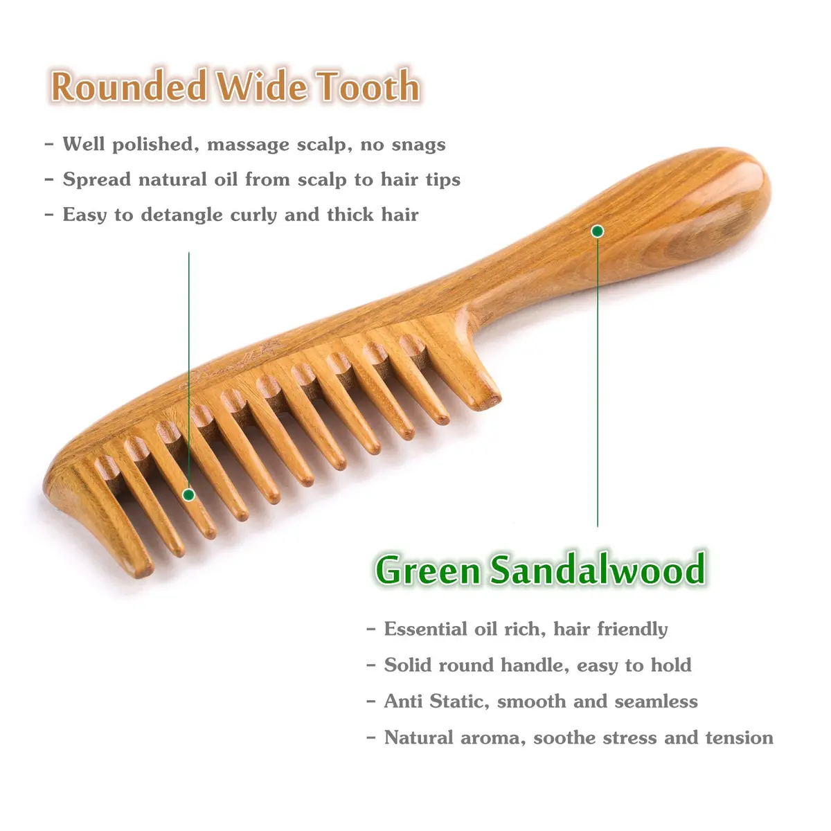 Breezelike Wide Tooth Hair Comb for Curly Hair | Wooden Detangling Comb with Natural Sandalwood (8") - view 3