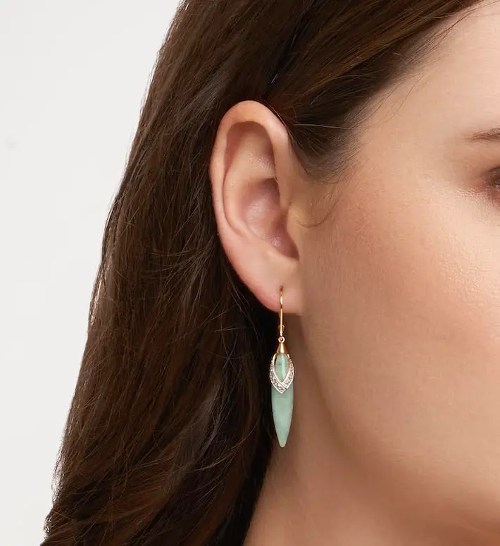 Morgan & Paige Silver 18k Yellow Gold Plated Green Jade Leaf Earrings | Elegant Drop & Dangle Jewelry - view 2