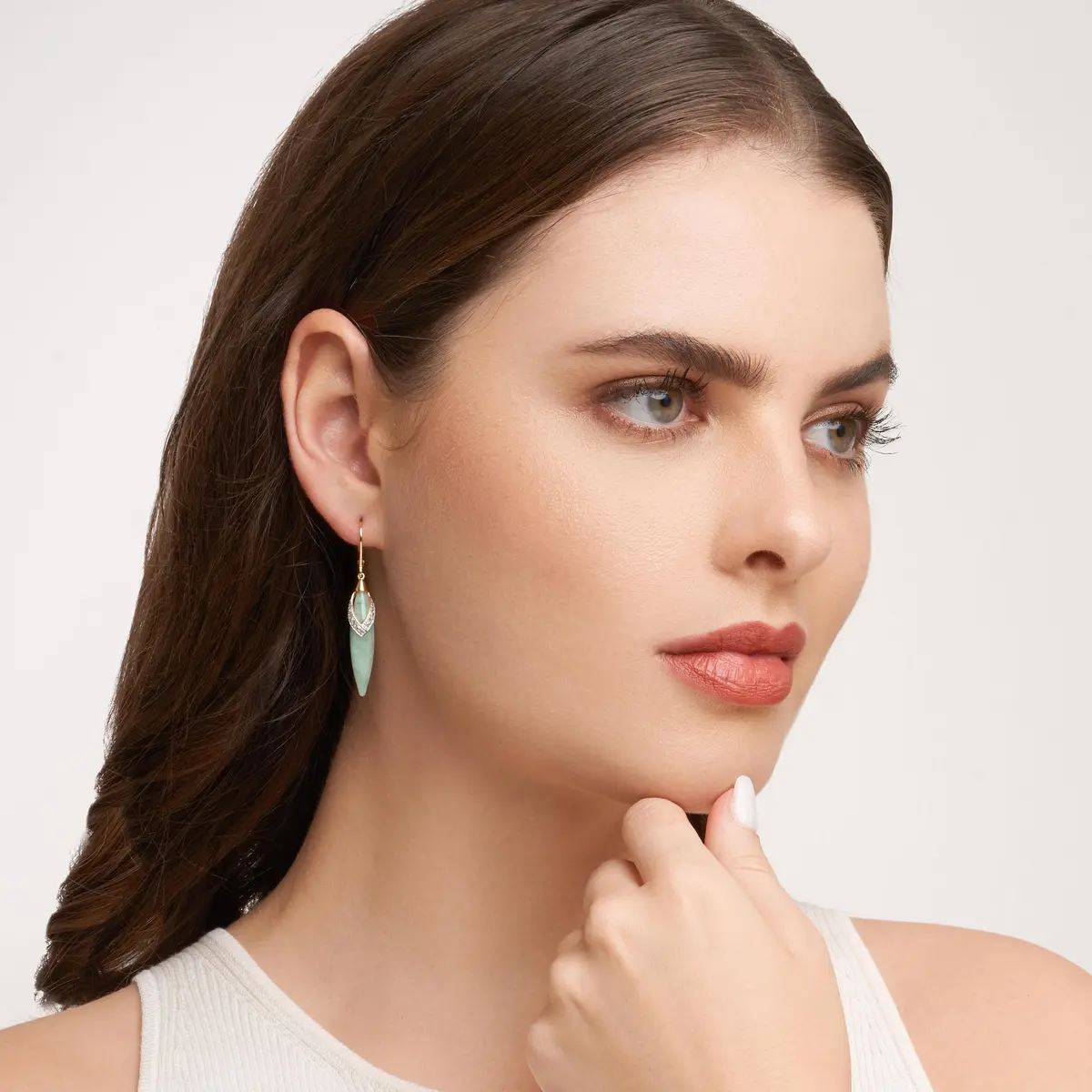 Morgan & Paige Silver 18k Yellow Gold Plated Green Jade Leaf Earrings | Elegant Drop & Dangle Jewelry - view 5