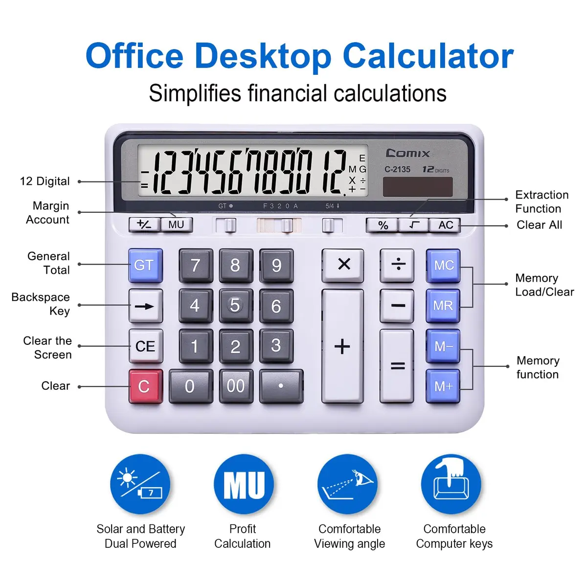 Comix Desktop Calculator 12 Digits White | Large Button, Clear LCD Display for Office & Home - view 2