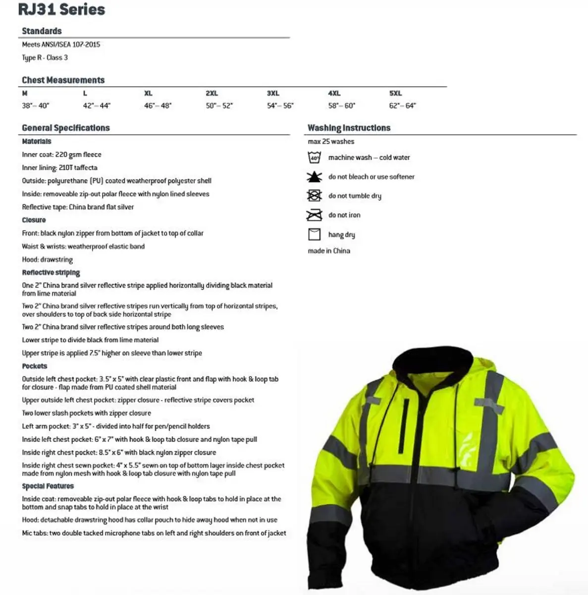 Pyramex Safety RJ31 Series Waterproof Class 3 Fleece Bomber Safety Jacket, Lime, Large | High-Visibility Waterproof Workwear - view 6