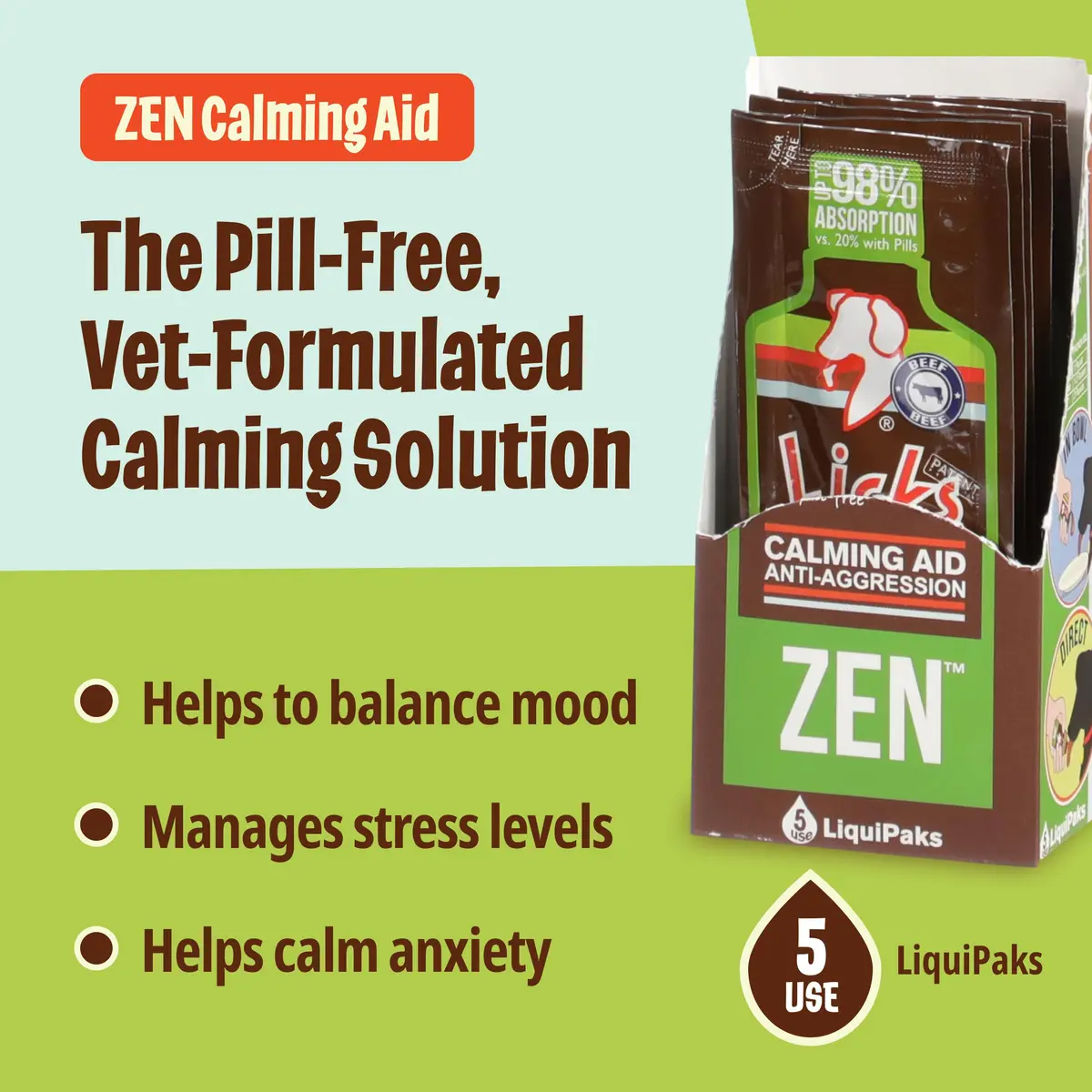 Licks Pill Free Licks Zen Calming Aid, L-Theanine, Braised Beef Flavor, 5 Packets | Fast-Acting Pet Stress Support - view 3