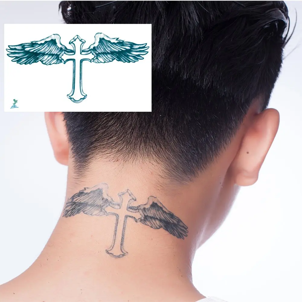 Yeeech Temporary Tattoos for Men Waterproof Long Lasting Neck Design Cross Blessed Wings America Tribal Religious (4 Sheets) | Water-Resistant & Durable - main product image