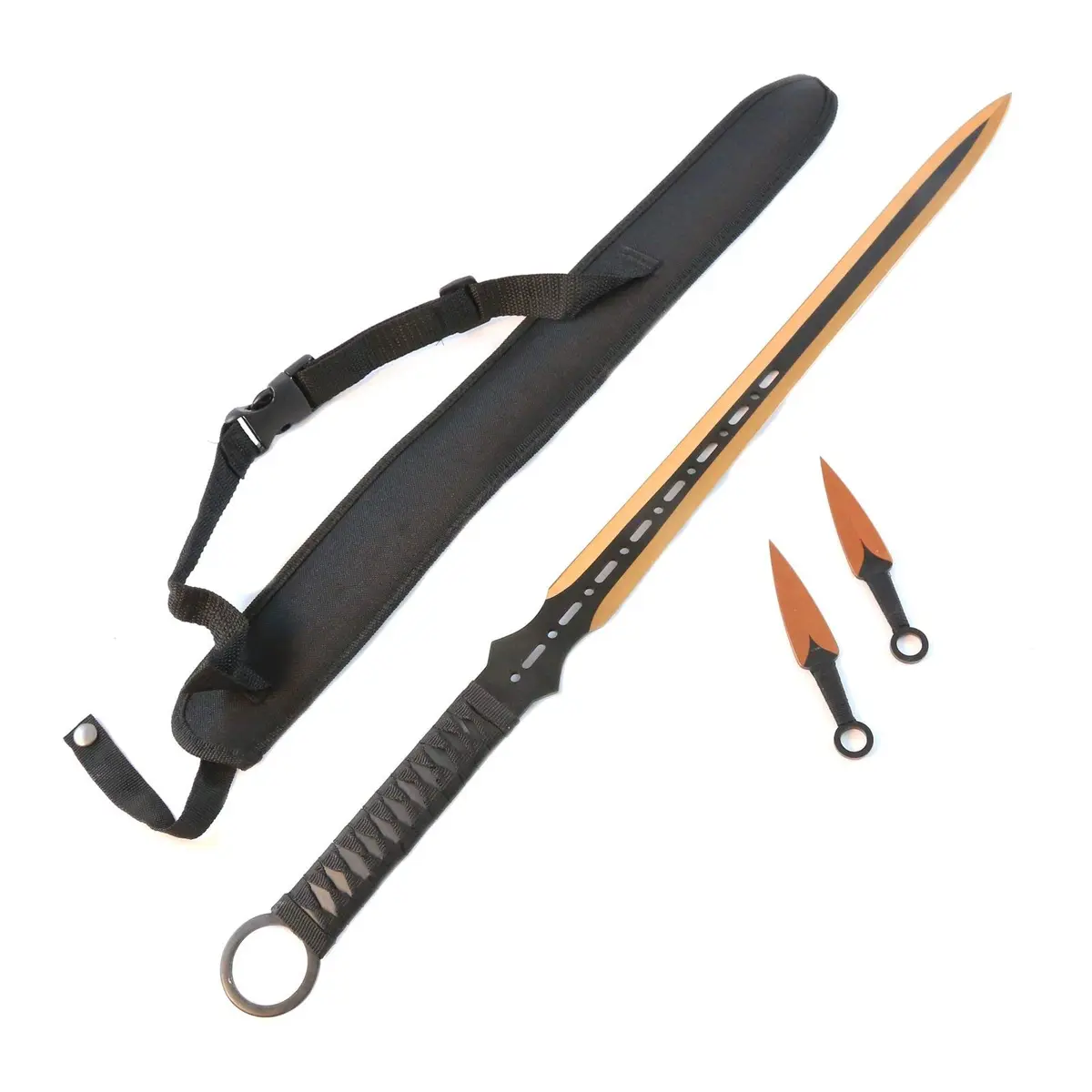 Wartech K1020-64-GD 440 Stainless Steel Full Tang Blade Ninja Hunting Machete Sword with Throwing Knives (2 Piece), 27", Gold - main product image