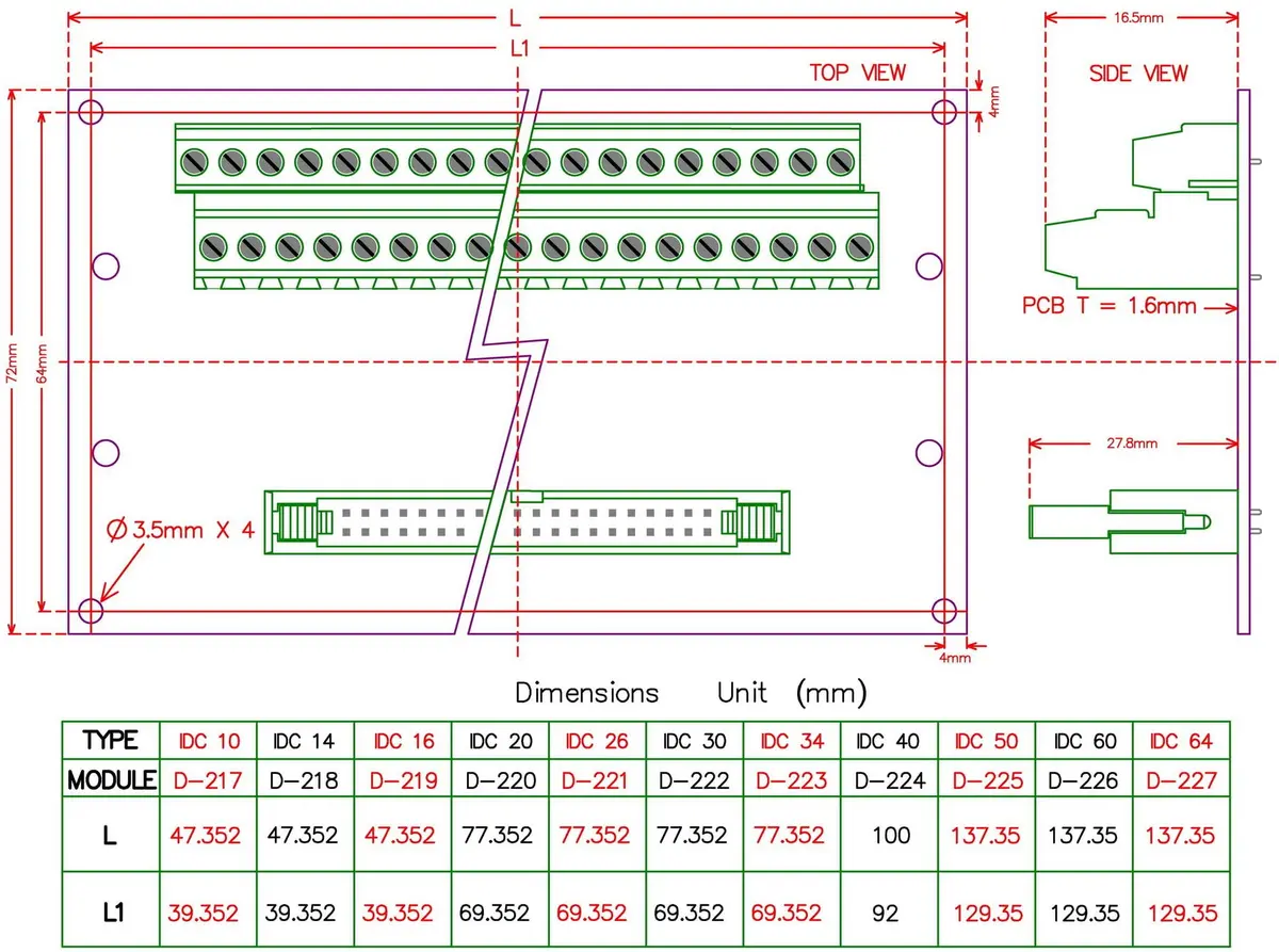 Electronics-Salon IDC10 2x5Pin Flat Ribbon Cable Breakout Board Module 2.54mm Pitch | 10-Pin FRC Connector with Terminal Block - view 4