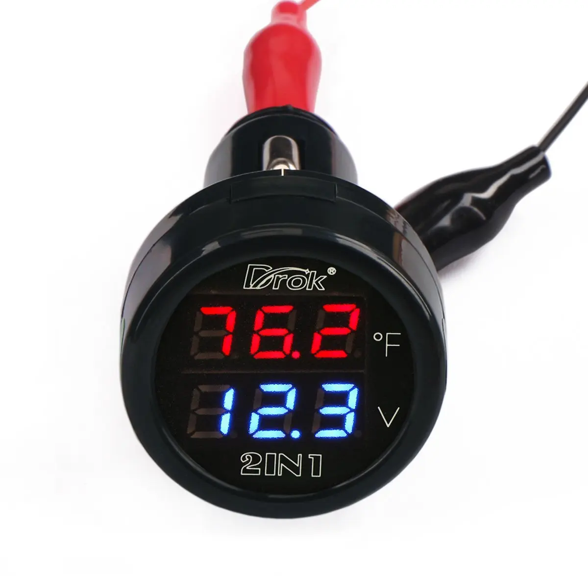 DROK Digital DC Voltage & Temperature Monitor 12V/24V | 10-170°F Battery Voltmeter Thermometer - main product image